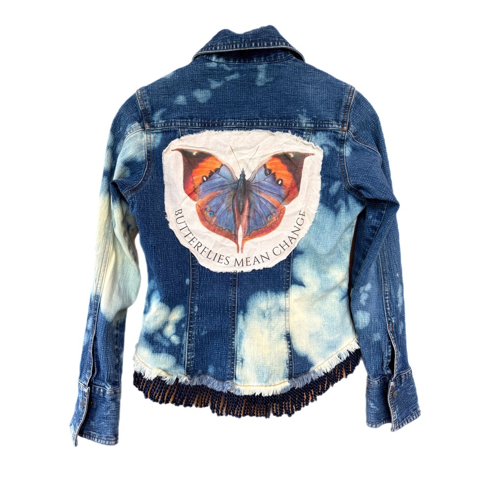 Upcycled Butterfly Jean Jacket | Bleached Fringe Denim | Size S - Picture 6 of 11